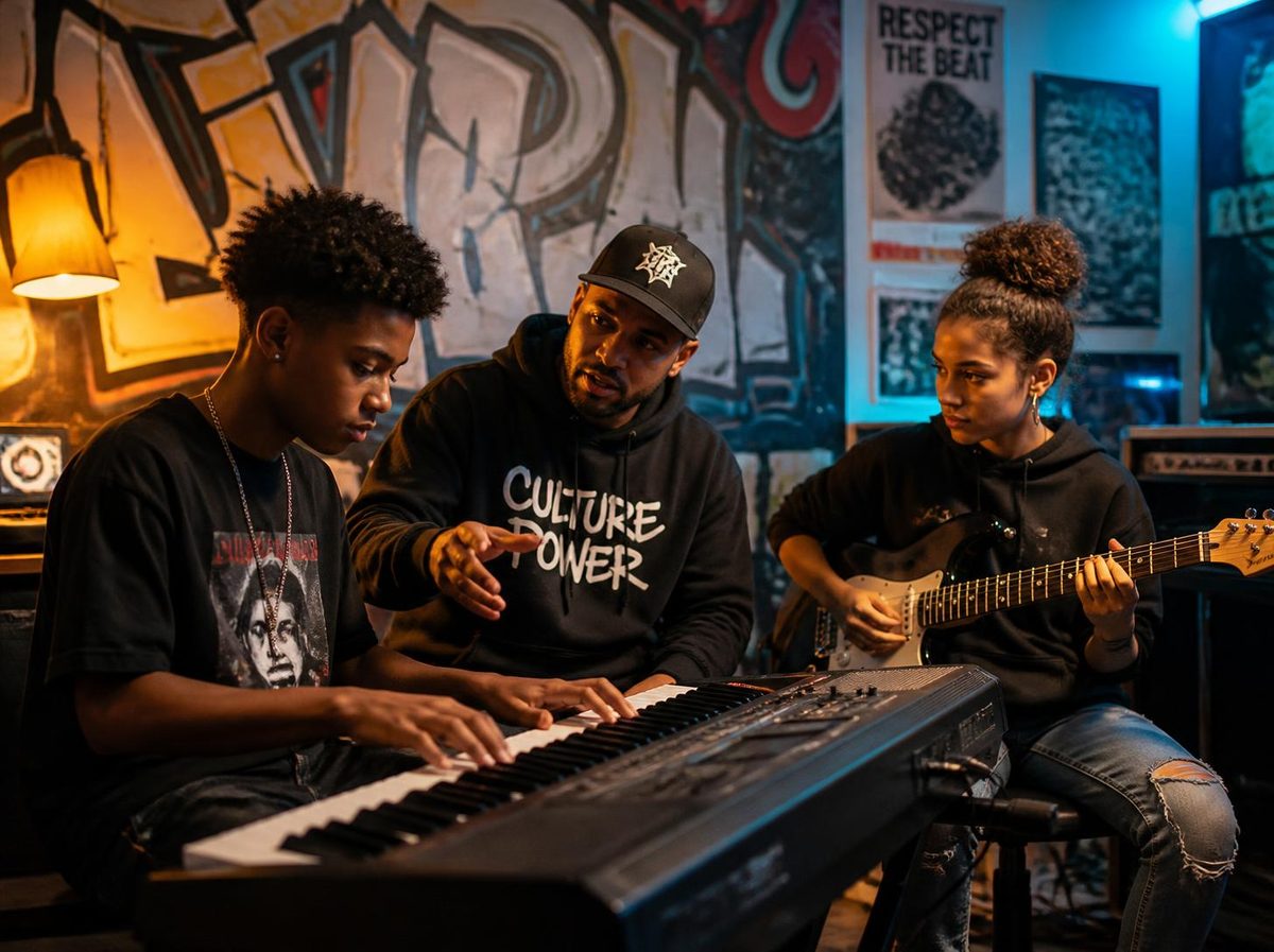 Des jeunes au clavier et à la guitare avec leur professeur, devant un mur graffé