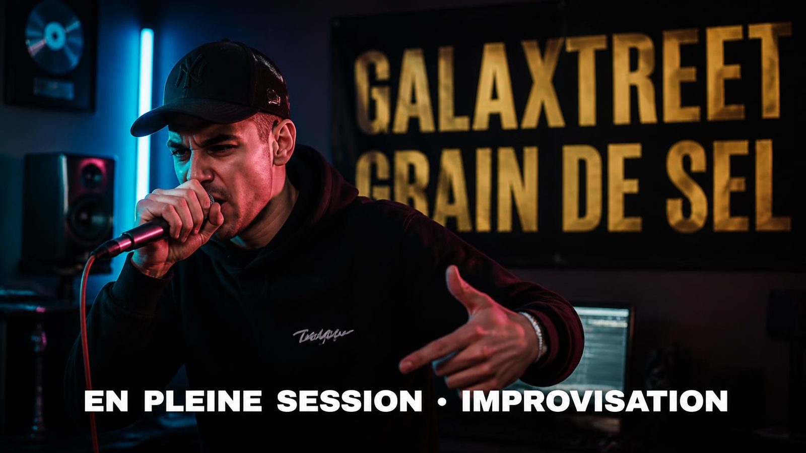 Un rappeur en pleine session d'improvisation devant la bannière GalaXtreet Grain de Sel