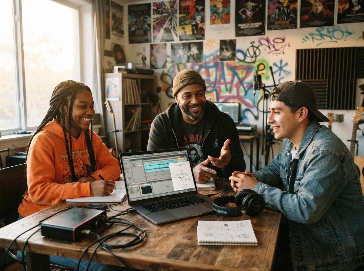 Un mentor accompagne deux jeunes adultes sur un projet musical