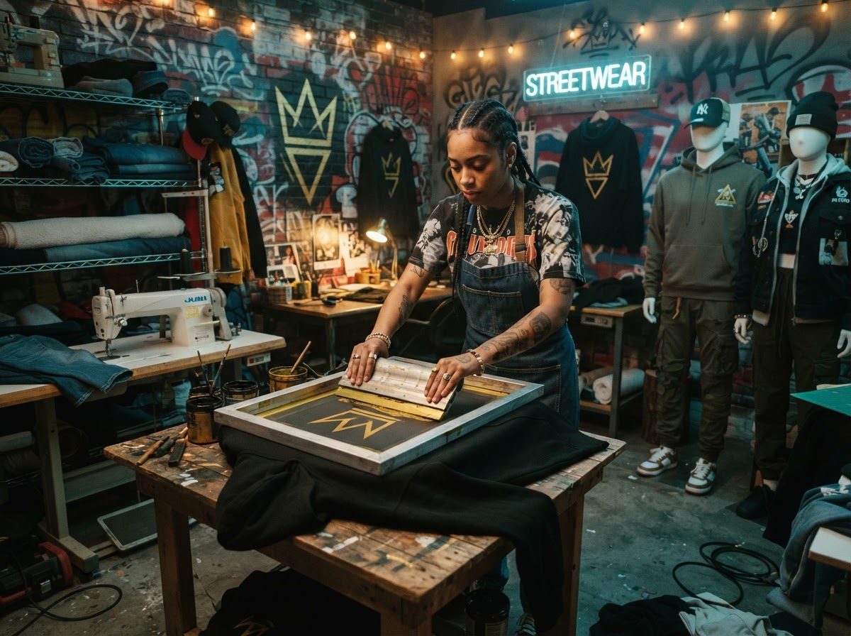 Une créatrice sérigraphie un sweat noir dans un atelier streetwear